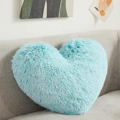 MorroMorn Fluffy Heart Throw Pillows, Shaggy Decorative Pillow for Sofa Couch Bed, Cute Room Decor Decorations for Women Girls Kids (Aqua)
