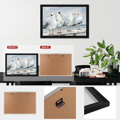 sechars Seabirds Wall Art Coastal Beach Scene with Seagulls Painting Framed Canvas Prints Vintage Farmhouse Decor 16"x24"