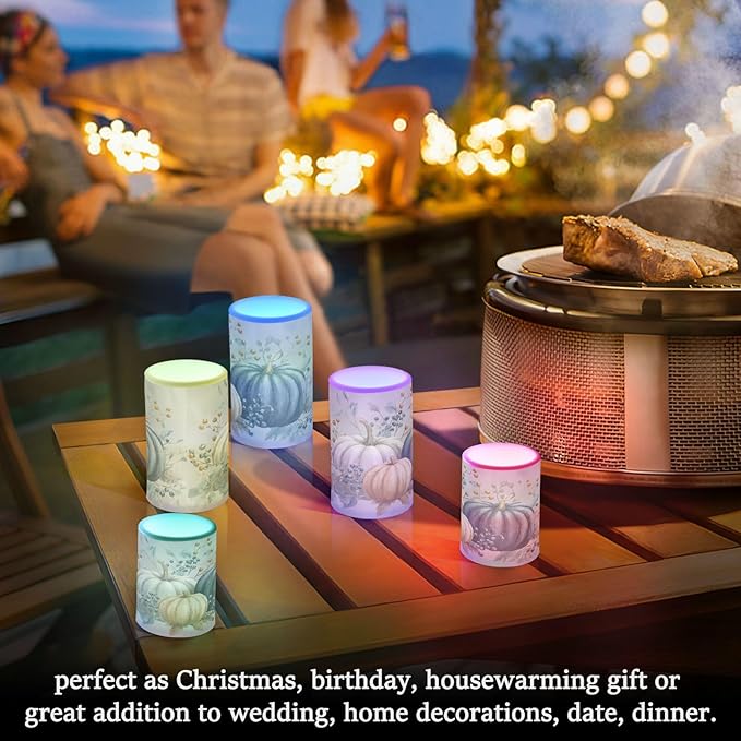 Thanksgiving Fall Autumn Pumpkin Blues Flickering Flameless Candles Battery Operated with Remote Timer,Tea Light Candles LED Pillar Votive Candles Set of 2 for Outdoor Indoor Decorations