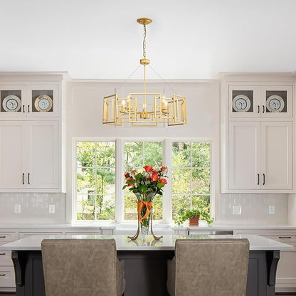 Gold Modern Industrial Geometric Chandelier: 5-Light Adjustable Farmhouse Dining Room light Fixture - Hanging Pendant Ceiling Chandelier Lighting over Table Kitchen Island for Living Bedroom Entryway