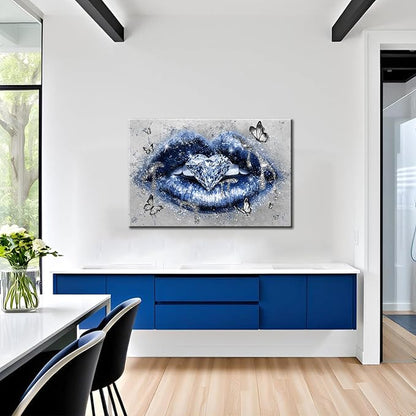 Conipit Navy Fashion Wall Art Blue Lip Canvas Art Beauty Glam Picture Prints Lip Painting with Heart Diamond Artwork for Makeup Room Bedroom Salon Wall Decor 24x36 Inch