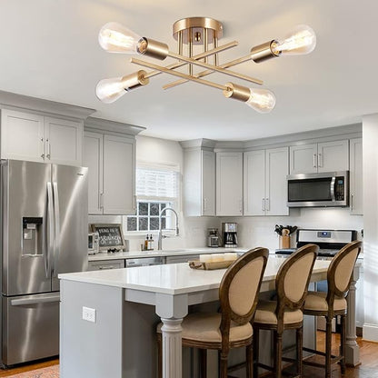 Sputnik Chandeliers, Modern Semi Flush Mount Ceiling Light with E26 Base, Mid Century Industrial Kitchen Farmhouse Light Fixtures for Bedroom Living Room (Brass, Ceiling 4 Lights)