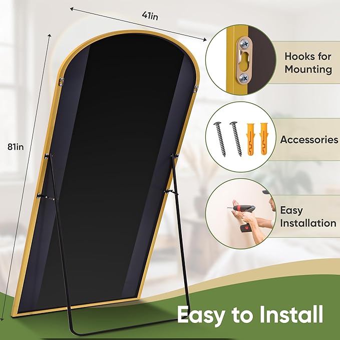 Arched Full Length Mirror 81 x 41 Inch, Full Body Mirror with Stand, Standing Hanging or Leaning Against Wall, Metal Frame Floor Mirror for Bedroom, Living Room, Cloakroom,Gold