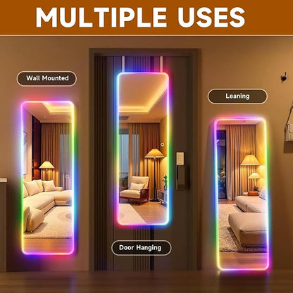 Hasipu 55"x15.7" LED RGB Door Mirror Full Length, Full Body Full Length Over The Door Mirror with Lights, Door Hanging & Wall Mounted Mirror for Bedroom, Living Room, Cloakroom