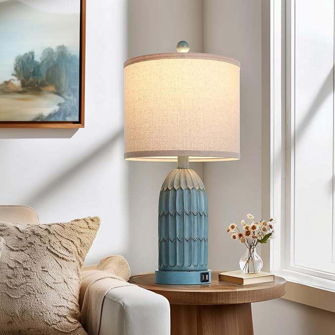 Cinkeda Coastal Table Bedside Lamps Set of 2, Farmhouse 3-Way Dimmable Touch Nightstand Lamp with 2 USB Charging Ports, Vintage Bedside Lamp for Bedroom Living Room End Table Retro Blue