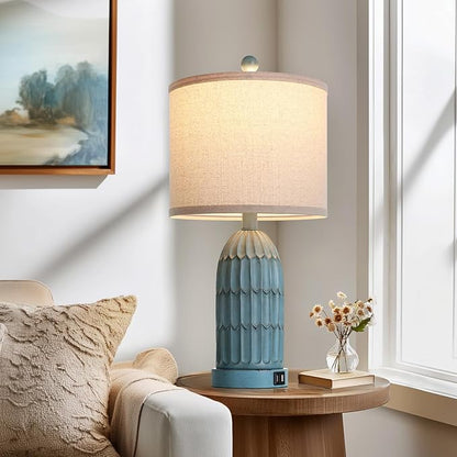 Cinkeda Coastal Table Bedside Lamps Set of 2, Farmhouse 3-Way Dimmable Touch Nightstand Lamp with 2 USB Charging Ports, Vintage Bedside Lamp for Bedroom Living Room End Table Retro Blue