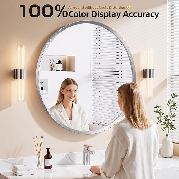 Brushed Nickel Large Round Bathroom Mirror for Wall, 40 inch Large Sliver Circle Mirror for Wall, New Frame Design, Tempered Glass,Wall Mounted Circle Mirror for Vanity, Entryway, Bedroom