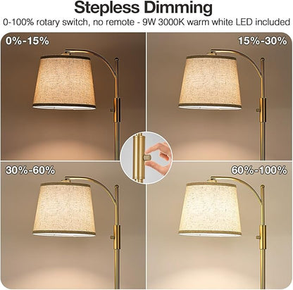 AIDENOEY Fully Dimmable Floor Lamp for Living Room，Standing Lamp Rotary Switch with Table&Linen Beige Shade，Golden Tall Lamps for Bedroom with Adjust Head，9W LED Bulb Included