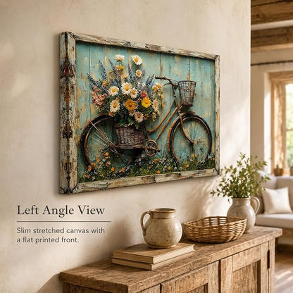 Rustic Farmhouse Daisy Floral Canvas Wall art Vintage Bicycle Flowers Painting Picture Wall Decor Flower Still Life Poster Print Artwork for Bathroom Living Room Bedroom Home Decoration