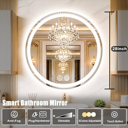 LTFUUAI 28" Round LED Bathroom Mirror with Lights, Smart Touch 3-Color Dimming Lighted Vanity Mirror Wall Mounted, Anti-Fog Shatterproof with Front & Back Light, for Bathroom Vanity (28" L x 28" W)