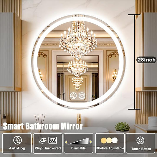 LTFUUAI 28" Round LED Bathroom Mirror with Lights, Smart Touch 3-Color Dimming Lighted Vanity Mirror Wall Mounted, Anti-Fog Shatterproof with Front & Back Light, for Bathroom Vanity (28" L x 28" W)