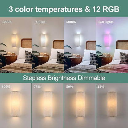 Shenmoyl Adhesive Battery Operated Wall Sconce Set of 2, 5000 mAh Battery Rechargeable Bulb with 12 RGB Colors, Stick on Wall Sconce No Drill Wall Lights, Linen