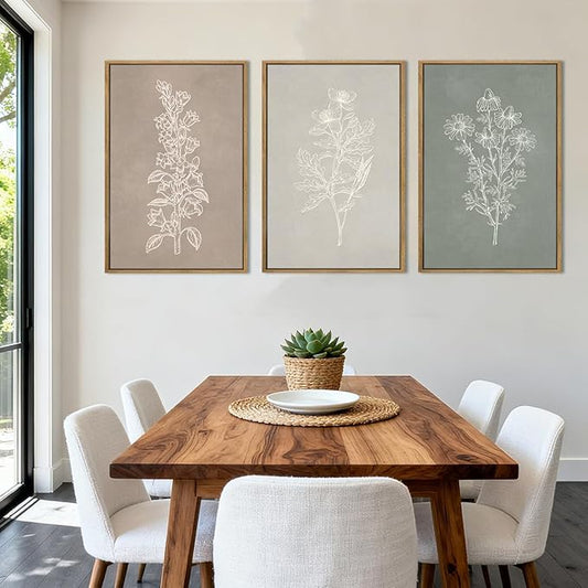 ANHUIB Neutral Botanical Wall Art, Rustic Farmhouse Floral Paintings,Vintage Minimalist Boho Flower Wall Decor 24x36 Inch Plants Set of 3 for Living Room Bedroom