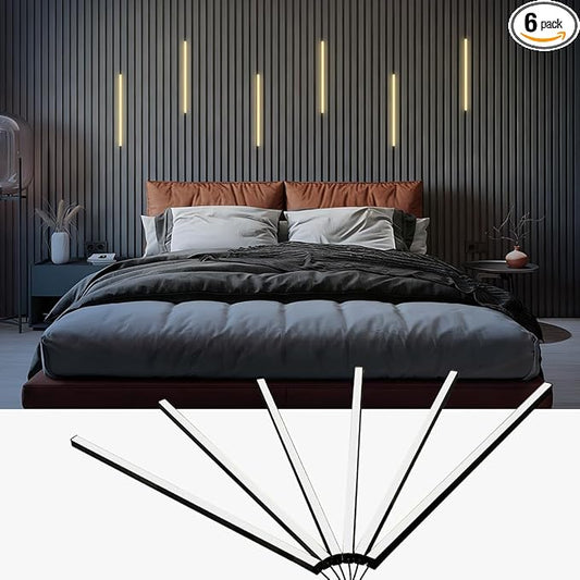 HAMRVL Black Wall Panel Lights, 6PCS 16-Inch 3000K Warm White Wall LED Lights Strip with Touch Switch, Self-Adhesive Dimmable Slat Wall Lights for Wood Slat, Bedroom Fluted Panel, Kitchen Cabinet