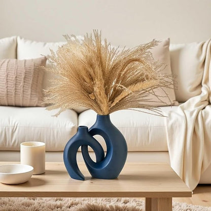 Lvases Snuggle Hollow Ceramic Vase Set of 2, Nordic Modern Boho ins Style Ceramic Aesthetic Flower Vases for Home Decor Living Room Coffee Table Decorative (Matte Navy Blue W 6.3" X H 8.4")
