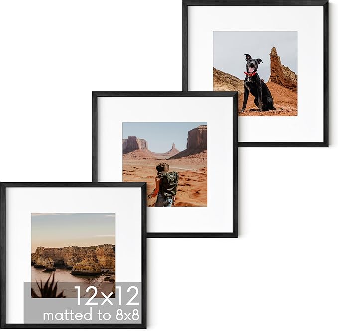 HAUS AND HUES 12x12 Black Metal Picture Frames Matted to 8x8 - Features Premium Aluminum & Hanging Hardware, Shatterproof Plexiglass - Ideal for Home, Room, Office (12x12 in, Black, Set of 3)