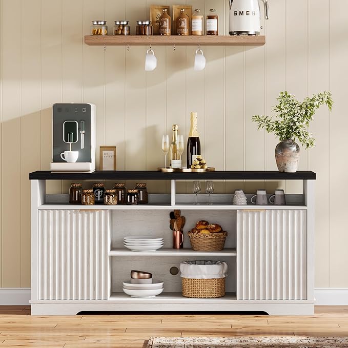 Modern TV Stand for TVs Up to 65 Inch, Fluted Entertainment Center with Storage Cabinet, TV Media Console Table with Adjustable Shelves for Living Room Bedroom, Black + White