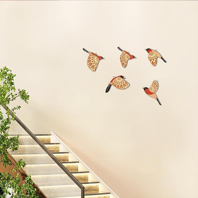 Vumyhuby 5 Pcs Orange Wooden Bird Wall Art | Rustic Folk Art Wall Decor for Indoor Use | Handcrafted Wood Flying Birds Wall Hangings for Living Room, Bedroom, Kitchen, Office | Scandinavian Home Decor Gift