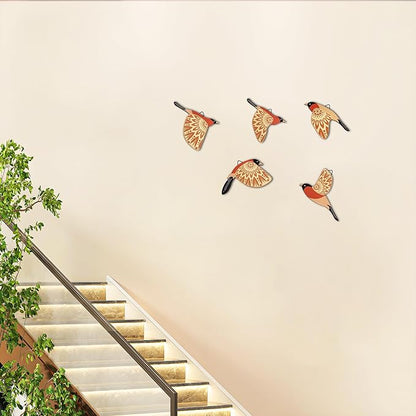 Vumyhuby 5 Pcs Orange Wooden Bird Wall Art | Rustic Folk Art Wall Decor for Indoor Use | Handcrafted Wood Flying Birds Wall Hangings for Living Room, Bedroom, Kitchen, Office | Scandinavian Home Decor Gift