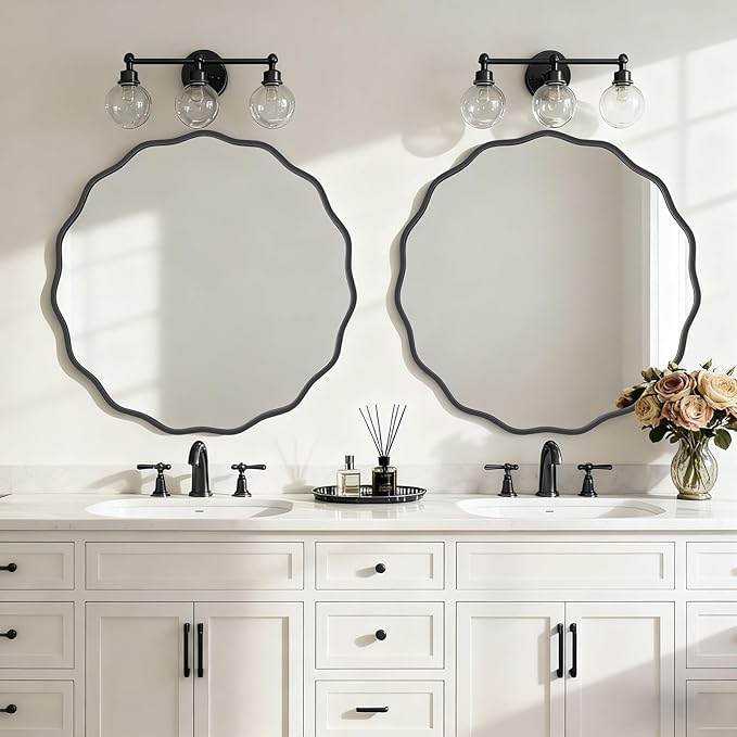 HOMECOOKIN 32" Wavy Round Wall Mirror, Black Scalloped Circle Mirror Edge Round with Metal Frame, Modern Decorative Hanging/Leaning Mirrors for Bathroom, Hotels, Hallway, Entryway, Vanity, Office