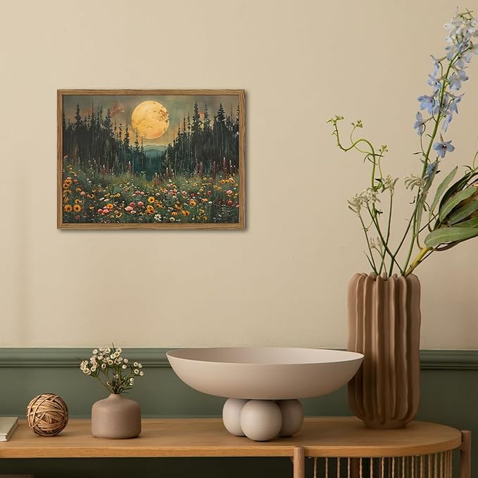 Vintage Forest Moon Wall Art, Nature Pine Tree Woodland Wall Decor Paintings, Dark Cottagecore Landscape 3D Textured Hand Drawn Sandstone Artwork for Bedroom Living Room 24x36 inch Wood Framed