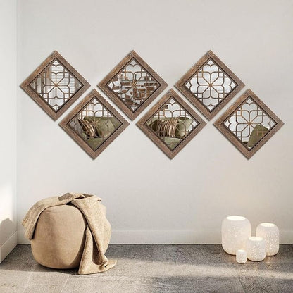 Set of 4 Boho Wall Mirrors with Carved Floral Design, 12x12 Inch Rustic Farmhouse Accent Mirrors, Vintage Style Shatterproof Square Mirror Decor for Living Room, Bedroom(Redbrown)