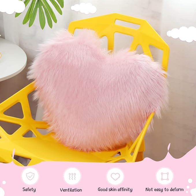 Enhon 2 Pcs Fluffy Heart Pillows Faux Fur Heart Shaped Plush Pillow Soft 20 x 15.7 Inch Love Throw Pillows with Insert for Decorative Office Home Bedroom Living Room Sofa(Pink)