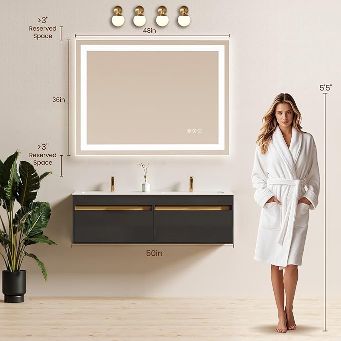 48X36 LED Bathroom Mirror with Lights, Anti-Fog, Backlit + Front Lit, Lighted Bathroom Vanity Mirror for Wall, Memory Function, Dimmable, Tempered Glass, Shatter-Proof