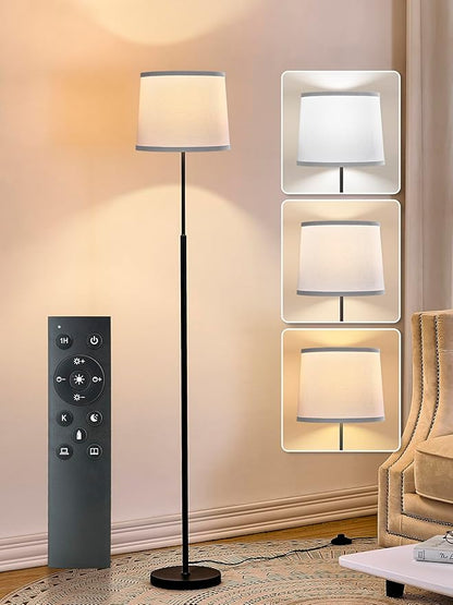 60" Modern Floor Lamp for Living Room Bedroom, Standing Lamp with White Linen Lampshade, Remote and Foot Switch, Tall Lamp with A19 9W 3000K-6000K Color Temperature 10%-100% Brightness Dimmable Bulb