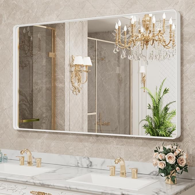LOAAO 50x30 Inch White Metal Framed Bathroom Mirror for Wall, White Bathroom Vanity Mirror Farmhouse, Large Rounded Rectangle Mirror, Anti-Rust, Tempered Glass, Hangs Horizontally or Vertically