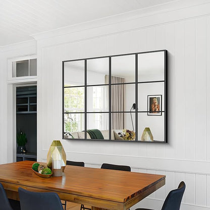 Rectangle Mirror, Window Mirror Wall Mounted, 36"×48" Window Pane Mirror Wall Decor Metal Framed, Large Black Mirror for Bedroom Living Room Fireplace Entryway Hanging or Leaning Against Wall