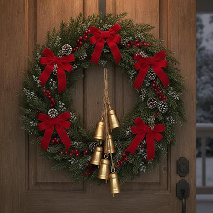 Vintage Gold Metal Cow Bell Garland, Set of 6 Handmade Hanging Bells with Jute Rope, Rustic Farmhouse Ranch-Style Distressed Bells for Porch Wreath Walls Mantels Patio Xmas Décor