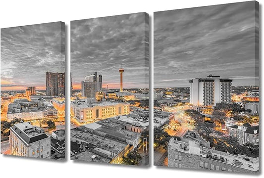 TUMOVO American Cityscape Black and White Wall Art 3 Panels San Antonio Skyscrapers City Skyline Wall Decor Living Room Nighttime Lightscape Modern Home Decor Framed Ready to Hang (36" Wx24 H)