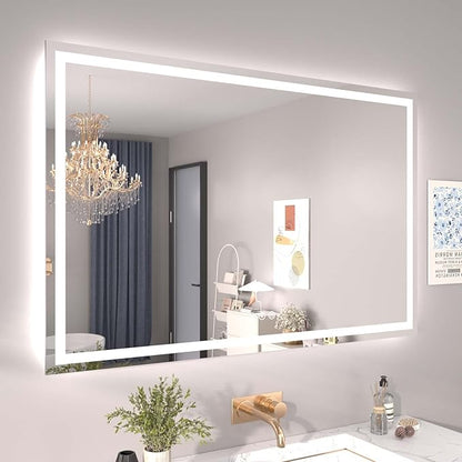 Snowdool 55"X36" LED Bathroom Mirror with Front Lights and Backlit, Anti-Fog, Dimmable, Shatter-Proof Tempered Glass, Lighted Bathroom Vanity Mirror for Wall with 3 Colors, Memory Function