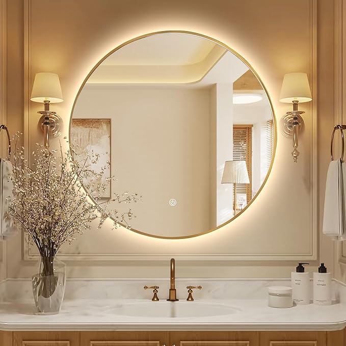 Niccy 40" LED Backlit Round Mirror for Bathroom, Gold Framed Vanity Light Wall Mirror, LED Smart Circle Mirrors with 3 Lighting Colors, Round Lighted Mirror with Anti-Fog, IP65 Waterproof