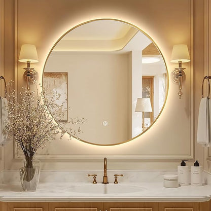 Niccy 40" LED Backlit Round Mirror for Bathroom, Gold Framed Vanity Light Wall Mirror, LED Smart Circle Mirrors with 3 Lighting Colors, Round Lighted Mirror with Anti-Fog, IP65 Waterproof