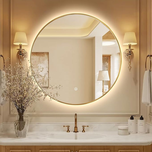 Niccy 40" LED Backlit Round Mirror for Bathroom, Gold Framed Vanity Light Wall Mirror, LED Smart Circle Mirrors with 3 Lighting Colors, Round Lighted Mirror with Anti-Fog, IP65 Waterproof