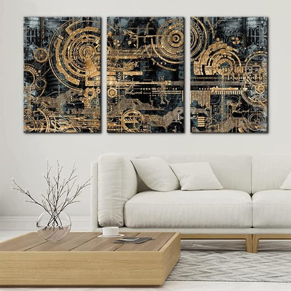 Pacimo 3 Pieces Abstract Canvas Wall Decor Electronic PC Motherboard Circuit Collage Abstract Technology Digital Art Modern Artwork Alternative Urban Shapes Framed Wall Art - 16"x24"x3 Panels