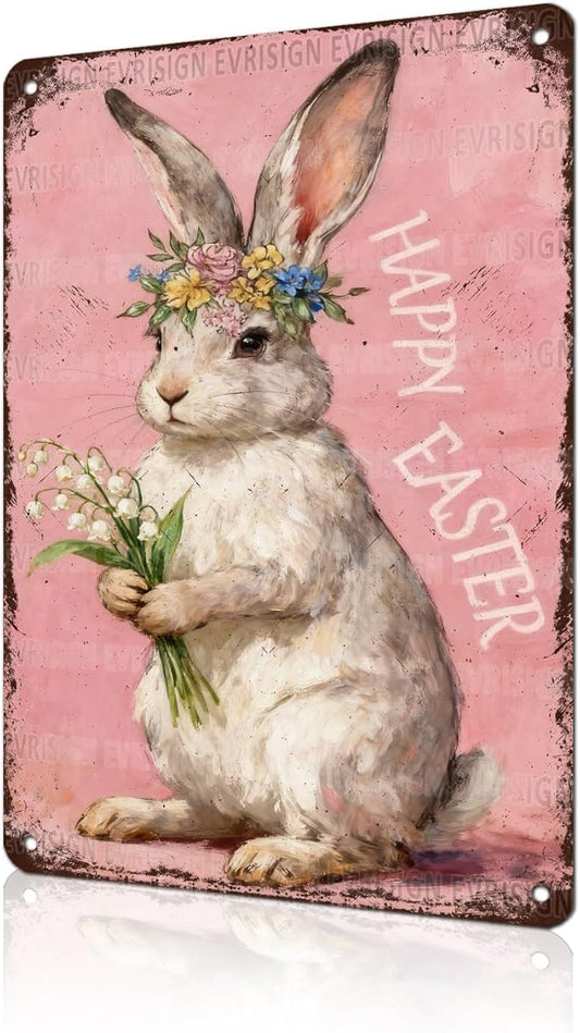 Happy Easter Bunny Metal Sign Pink Background Design Rustic Farmhouse Wall Art For Home Kitchen Garden Spring Decor 8x12Inch