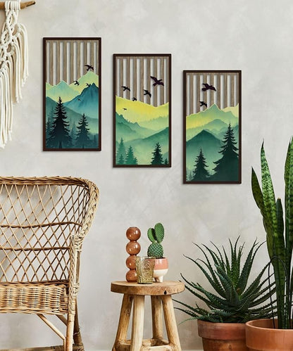Putuo Decor Forest Mountain Wall Art Set of 3, Nature-Inspired MDF Cut-Out Panels with Bird and Tree Silhouettes, Rustic Wall Decor for Living Room Bedroom Cabin Office