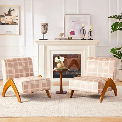 Oversized Accent Chair, upholstered armless mid Century Modern Living Room Chair with Wooden Legs for Bedroom/Office/Cafe, Plaid Camel