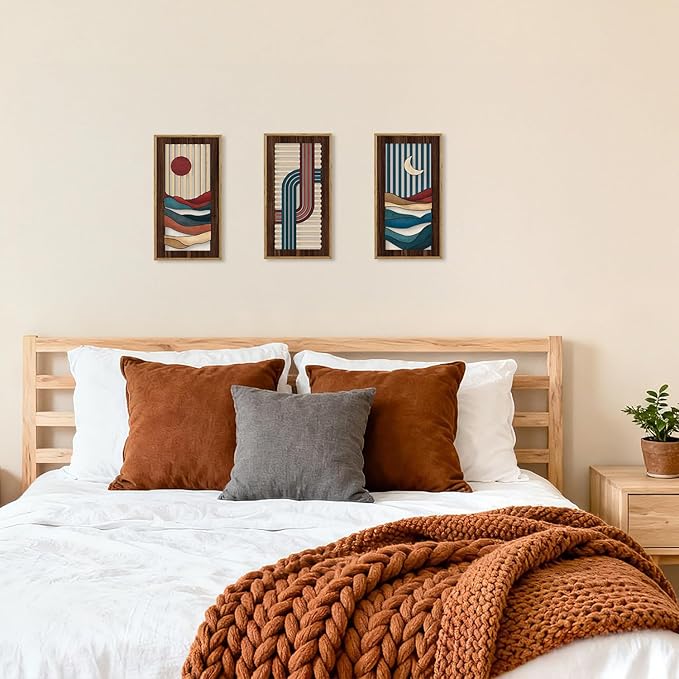 HPNIUB 3PCS Boho Abstract Wood Wall Art, Modern Geometric Artwork Bohemian Sun and Moon Wall Decor, Rustic Minimalist Line Mid-century Hanging Decor for Living Room Bedroom Apartment(8x16Inch)