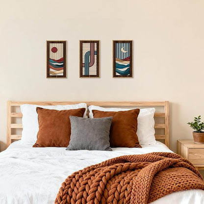 HPNIUB 3PCS Boho Abstract Wood Wall Art, Modern Geometric Artwork Bohemian Sun and Moon Wall Decor, Rustic Minimalist Line Mid-century Hanging Decor for Living Room Bedroom Apartment(8x16Inch)