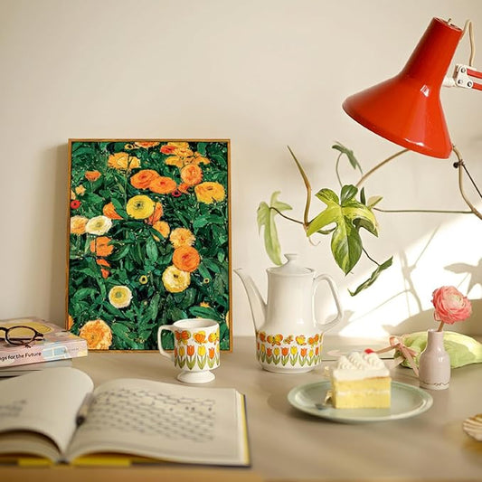 crmotu Vintage Framed Wall Art, Flower Market Aesthetic Art Prints, Botanical Floral Canvas Pictures, Daisy Nature Wall Decor Oil Paintings, Retro Bedroom Kitchen Office Desktop Small Artwork 8x10in