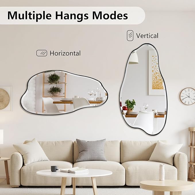 POZINO Irregular Beveled Mirror, 53.5"x27" Asymmetrical Aesthetic Mirror with Metal Frame, Large Cloud Shaped Mirrors for Living Room Bathroom Bedroom Hallway Entryway, Horizontal/Vertical Hanging