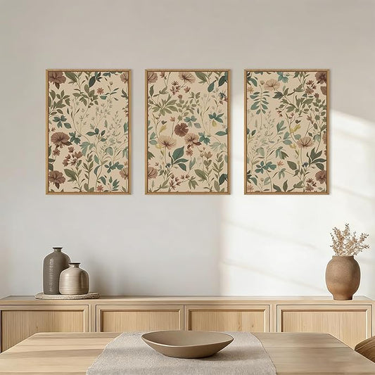 Aryroi Vintage Neutral Floral Earth Tone Botanical Framed Canvas Wall Art Set,Boho Abstract Classic Wildflower Aesthetic Wall Decor,Mid Century Modern Flower Artwork for Living Room Office- 24"x36"x3