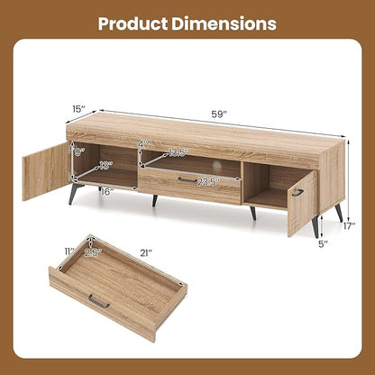 Giantex TV Stand for 60/65 Inch TV, Boho Entertainment Center with Storage Cabinets, Drawer and Rattan Doors, Wooden Media TV Console Table for Living Room, Bedroom, Entryway