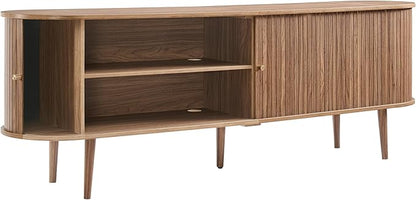 AMERLIFE 70" Mid-Century Modern TV Stand, TV Console Table for TVs up to 80 Inch, Fluted Wood Media Console with Storage, Solid Wood Legs, Walnut