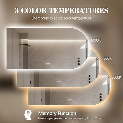 Arched LED Bathroom Mirror, 55"x28" Arch Framless Backlit Mirror with Lights Vanity Mirror for Makeup, Anti-Fog, Dimmable, 3-Color, Memory Function, IP65 Waterproof, UL Listed, Horizontal-Left