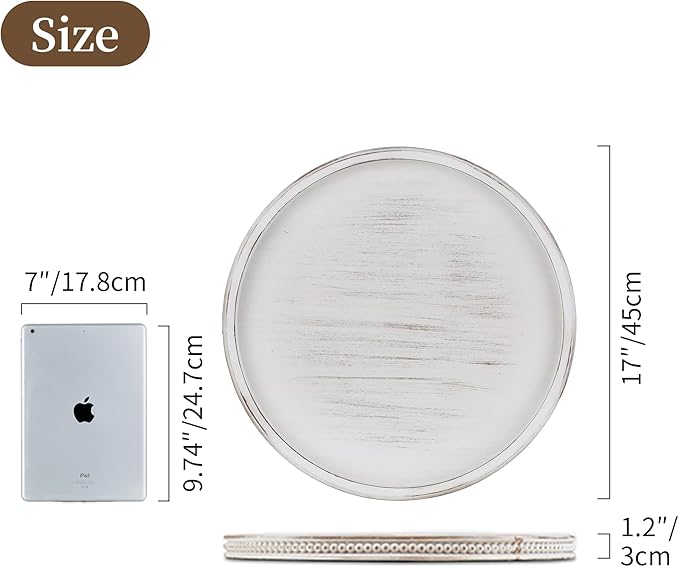 Hanobe Large Round Decorative Tray: 17" White Coffee Table Decor Wood Centerpiece Beaded Trays Farmhouse Boho Ottoman for Home Counter Living Room